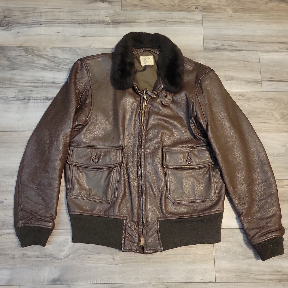 Vintage 70s G-1 Flight Jacket USN U.S. Navy Brown Boomer Size 44 READ